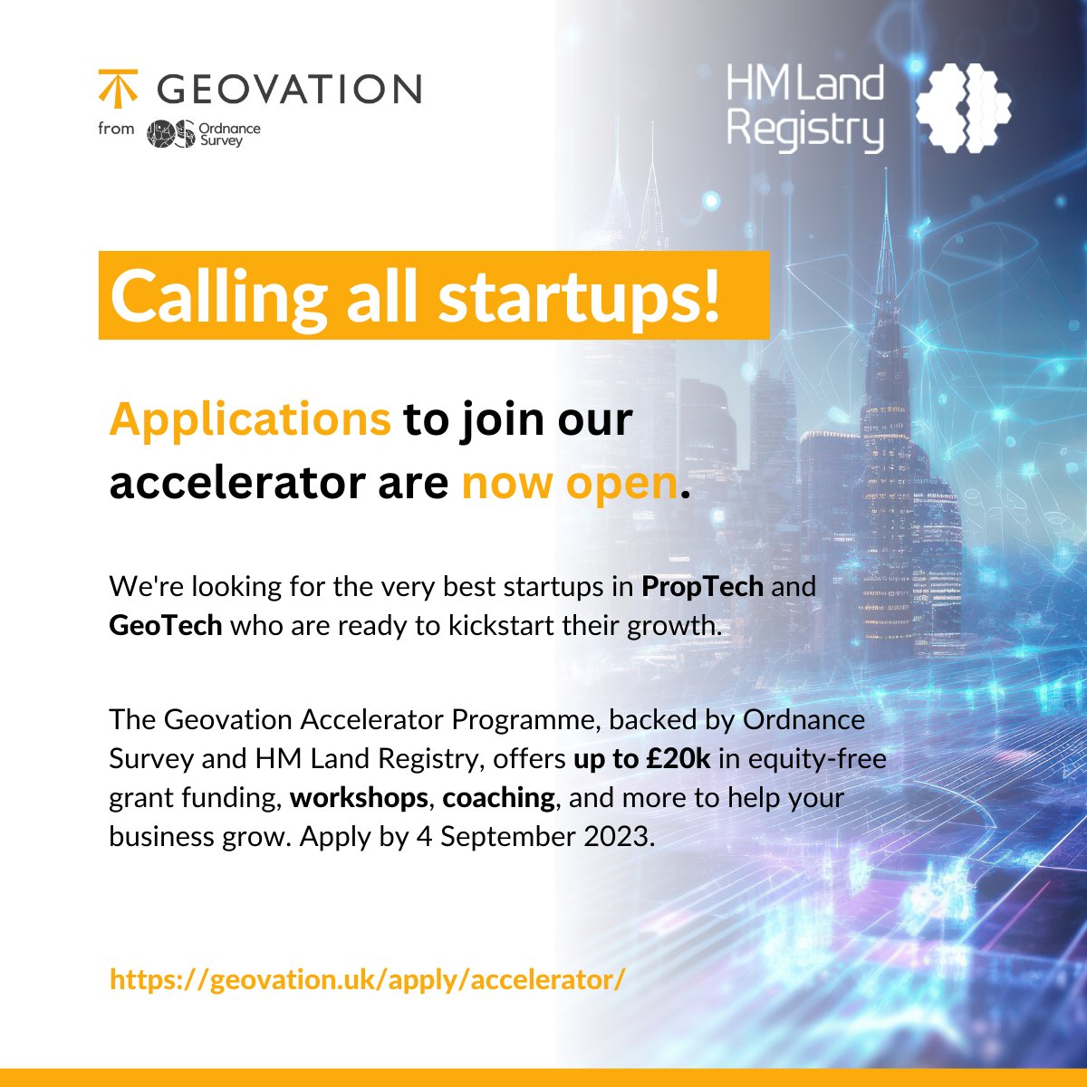 We're thrilled to announce that applications to join our award-winning Accelerator Programme are now open! 🎉

Are you a #PropTech or #GeoTech start-up looking to kickstart your growth? Find out more and apply here: ow.ly/fCQ950P2AnZ

<a href="/HMLandRegistry/">HM Land Registry</a> <a href="/OrdnanceSurvey/">Ordnance Survey</a>
