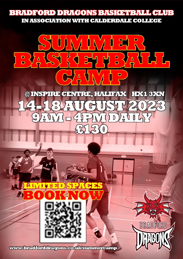 Don't miss out on our Summer Training Camp! Spaces are filling up fast, so get yourself booked in as soon as possible. Many thanks to those people who have already booked.
#bradforddragons #basketball #calderdalecollege #inspirecentre #oneclubonefamily