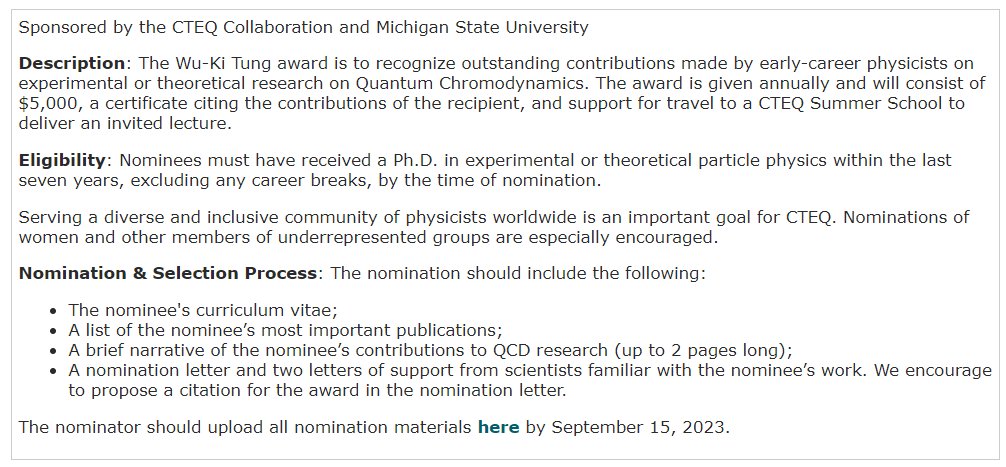 LinQCD's tweet photo. Nominations are open for the 2023 Wu-Ki Tung Award for Early-Career Research on #QuantumChromodynamics; see details in https://t.co/VQCYq11qIY
#CTEQ https://t.co/lrhkmrQxvF