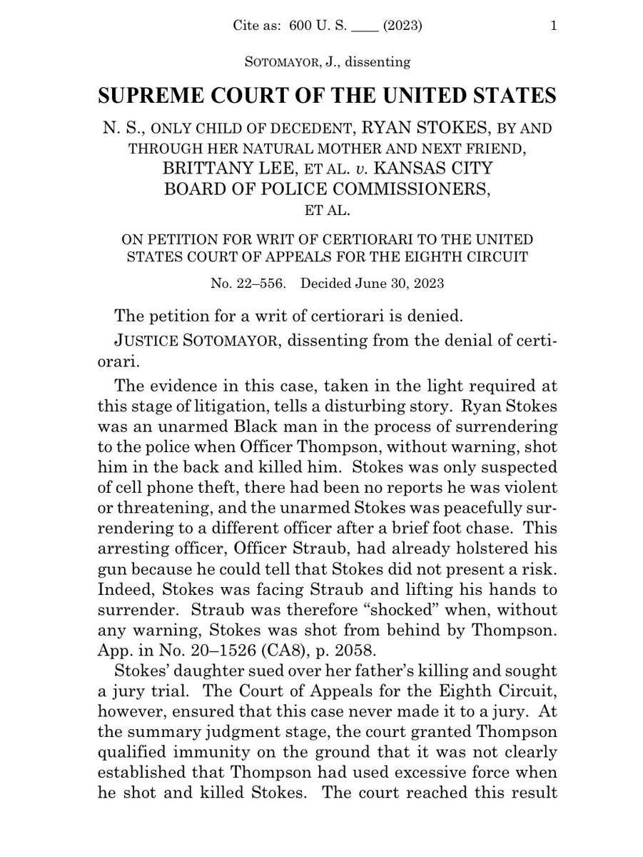 We are disappointed that SCOTUS denied the petition we filed for the daughter of Ryan Stokes, who was unarmed and surrendering when an officer shot him from behind without warning. As Justice Sotomayor explains, the Court’s silence speaks volumes. supremecourt.gov/opinions/22pdf…