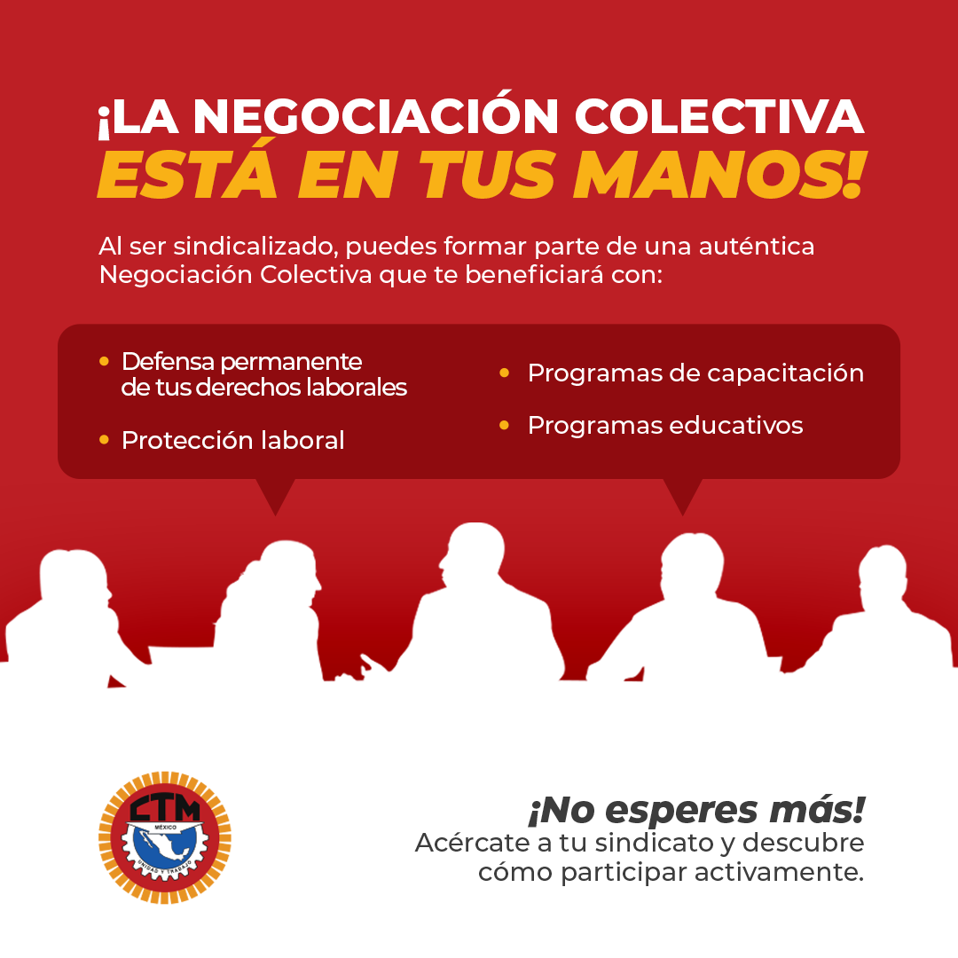 CTM_MX's tweet photo. 📣💪 ¡Compañero! ¿Buscas mejores prestaciones? ¿Más capacitación? La Negociación Colectiva es la respuesta. 

Con Unidad y Trabajo, ¡acércate a tu sindicato!👊 https://t.co/cvETldKPuD