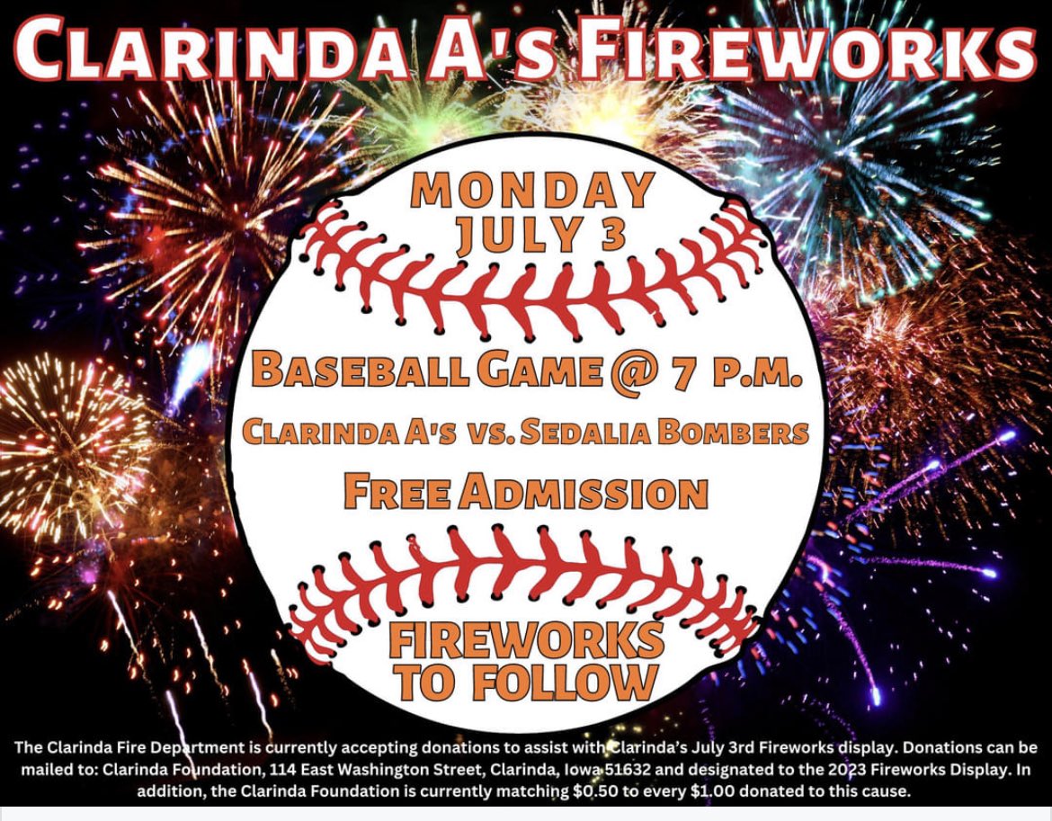Free Admission and Fireworks Night!  This is no rinky-dink fireworks display- Clarinda Fire Department puts on one of the best shows in Southwest Iowa.  Join us!