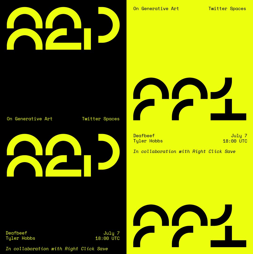 Feral File (@feralfile) on Twitter photo 🟨 On Generative Art
Featuring
<a href="/_deafbeef/">0xDEAFBEEF</a>
<a href="/tylerxhobbs/">Tyler Hobbs Studio</a>
In collaboration with <a href="/RtClick_Save/">Right Click Save</a>
⏰ Friday July 7 | 18:00 UTC
Set reminder: x.com/i/spaces/1Mnxn… 🟨 On Generative Art
Featuring
<a href="/_deafbeef/">0xDEAFBEEF</a>
<a href="/tylerxhobbs/">Tyler Hobbs Studio</a>
In collaboration with <a href="/RtClick_Save/">Right Click Save</a>
⏰ Friday July 7 | 18:00 UTC
Set reminder: x.com/i/spaces/1Mnxn…