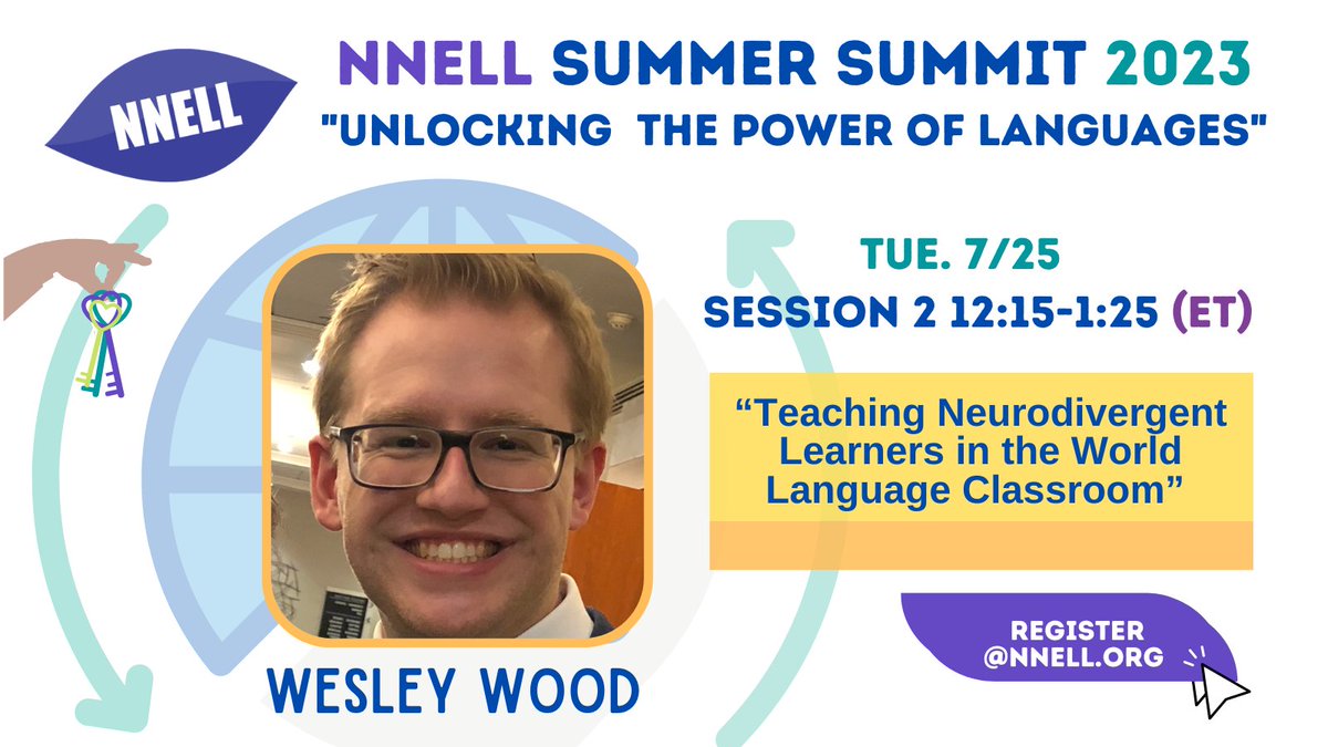 EarlyLang's tweet photo. 📣 Meet NNELL Summer Summit 2023 presenters!
July 24-25, 2023
✨Wesley Wood (MD)✨
“Teaching Neurodivergent Learners in the World Language Classroom”
📝Click here to register: https://t.co/fmEAE34022
😃 Registration fee includes a one-year membership to NNELL https://t.co/XBCa9gLBbb