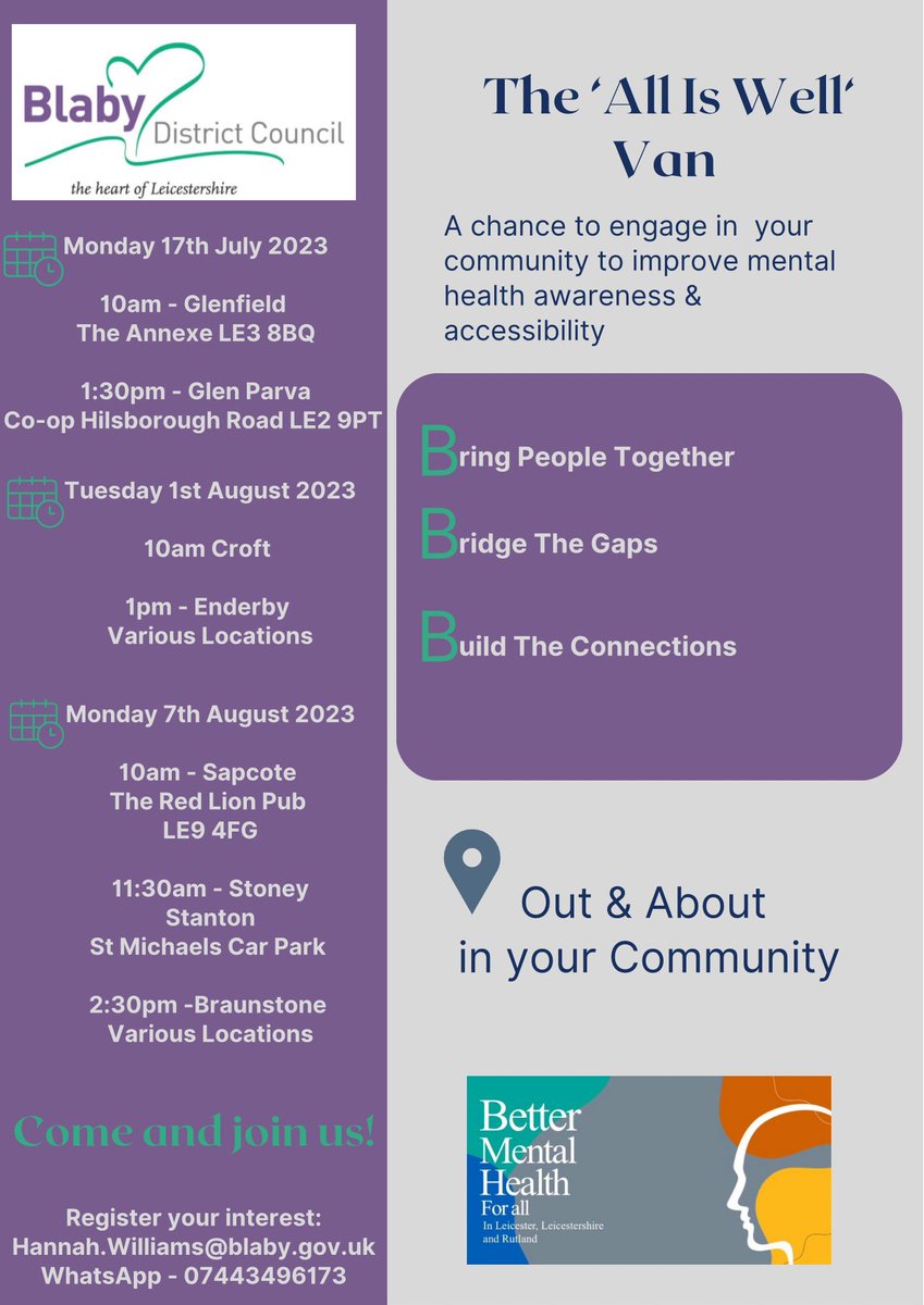The 'All Is Well' Van will be in Enderby Tuesday, 
1st August 2023, 1pm - Various locations