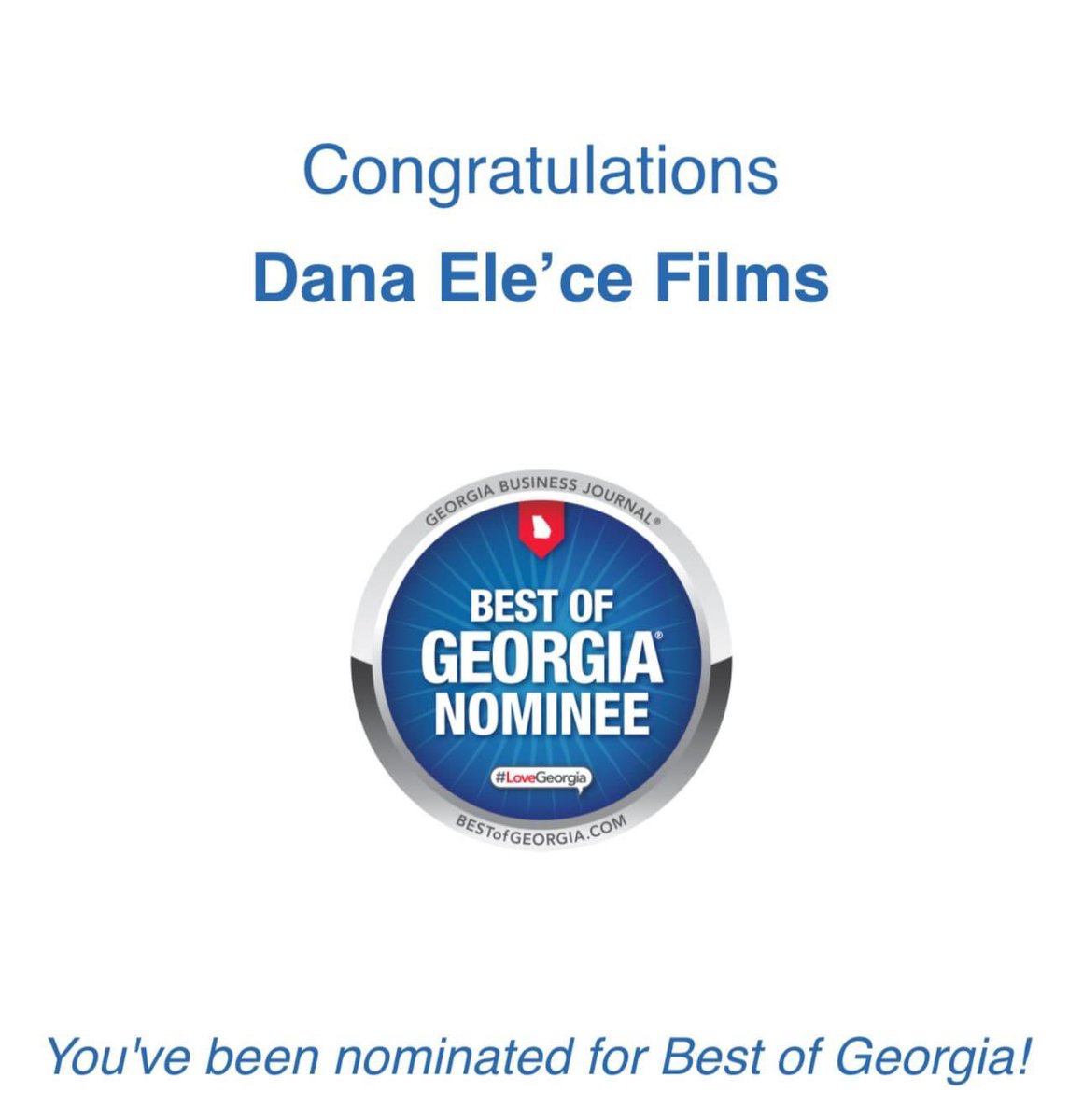 This my last tweet for a minute 

but I’m proud to announce that Dana Ele’ce Films has been nominated for #BESTofGEORGIA! Help us win by voting for us at BESTofGEORGIA.com in the Wedding & Event category! Thank y’all!