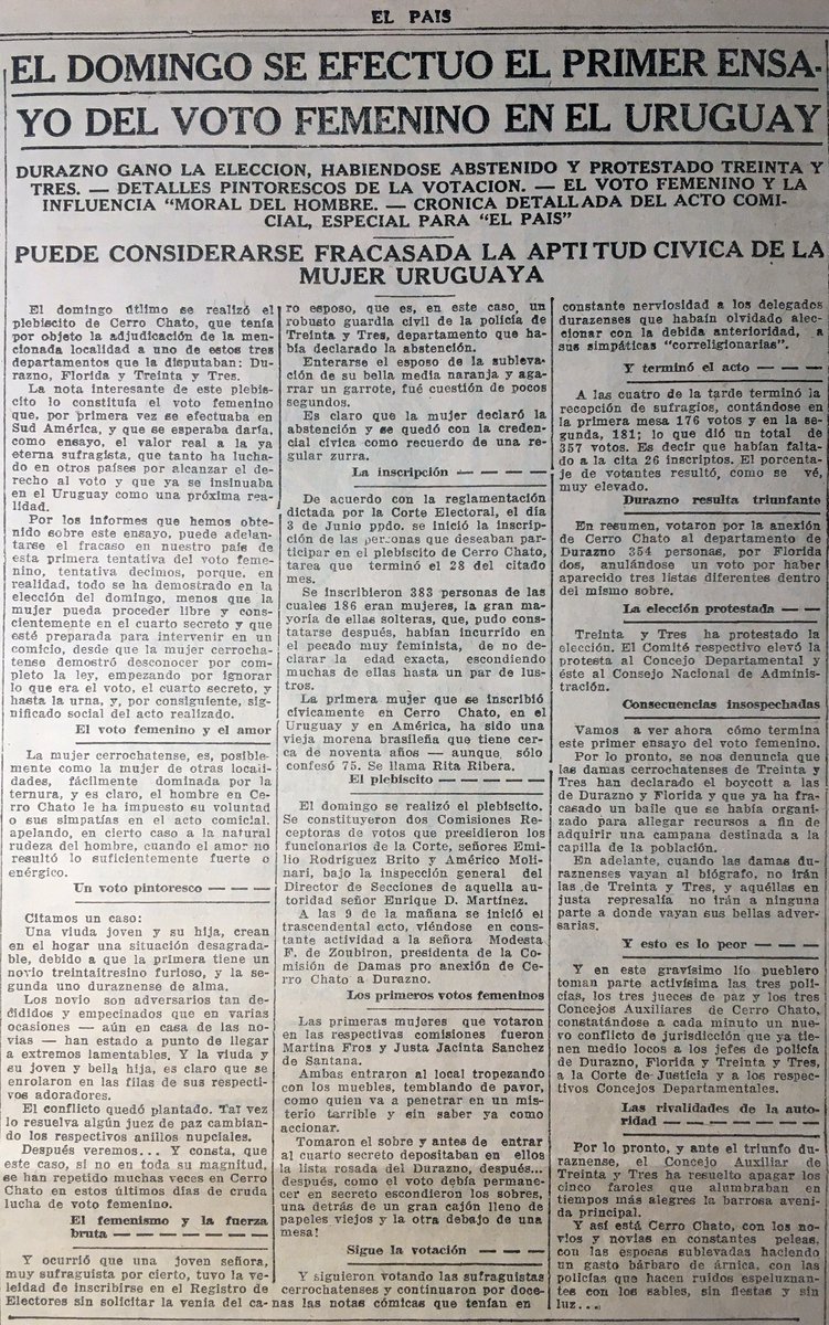 3 de julio | 🗳️Se cumplen 96 años del plebiscito de Cerro Chato, hecho que convirtió a Uruguay en el primer país latinoamericano en donde las mujeres pudieron votar.

📰Pocos diarios de la época divulgaron la noticia, compartimos una publicada por El País el 6 de julio de 1927.