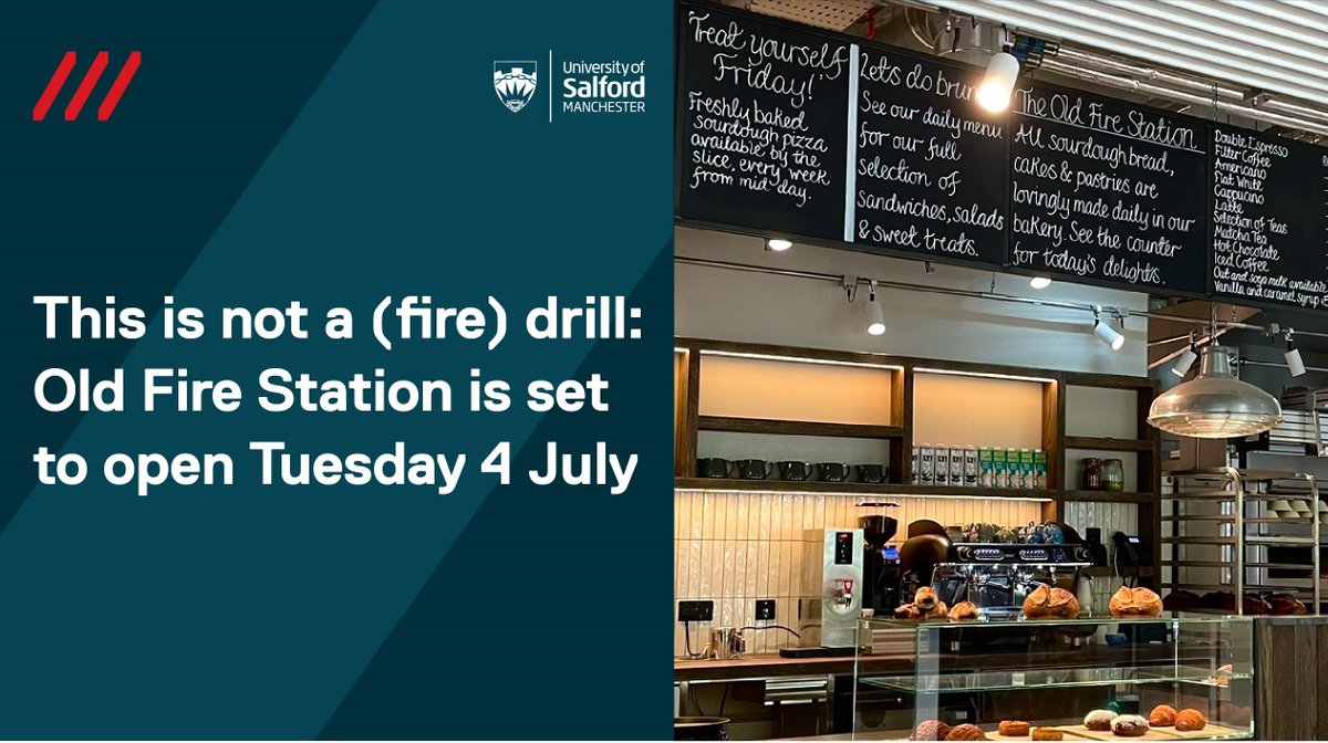 This is NOT A (fire) DRILL! 🚨🚒

Freshly baked pastries, rich coffee and signature sourdough is on it's way to our Peel Park campus with the opening of the Old Fire Station 🥐☕🥖

For more details, read here - salford.ac.uk/news/this-is-n… #SalfordUni