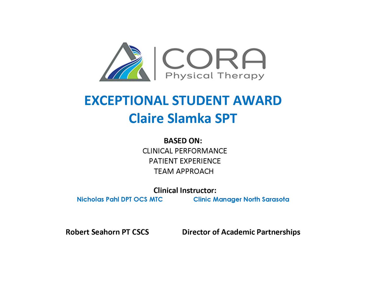 Shout out to physical therapy student Claire Slamka '24. 'She is probably in the top 3 students I have ever had,' said clinical instructor Nick Pahl from @CORAPTherapy. 'She has such a drive to excel, and she doesn't accept anything but excellence.'