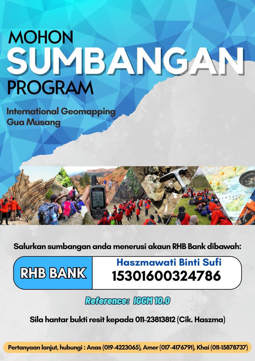 Asalamualaikum, saya wakil daripada student Sains Gunaan Geosains dari Universiti Malaysia Kelantan (UMK) sedang membuat Croudfund untuk menampung kos untuk kami mengadakan Kursus International Geomapping Gua Musang 10.0 (IGGM). Untuk makluman semua, program ini bersambung:-