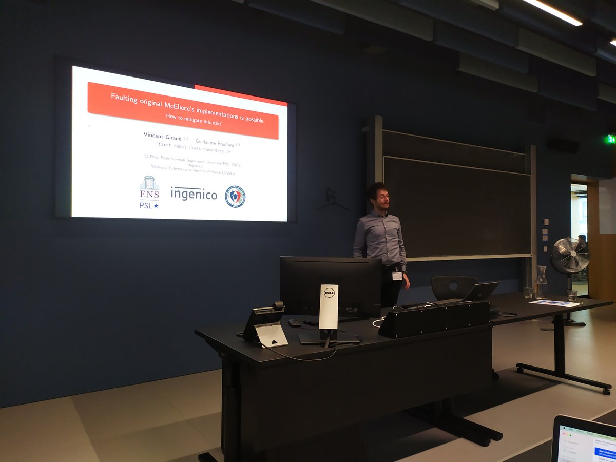 GuillaumeHiet's tweet photo. First talk of the second session, Vincent Giraud from @EnsUlm and @ingenico presents his work done in collaboration with @ANSSI_FR https://t.co/e56Q9B0KfD