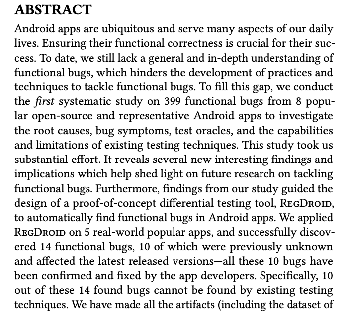 su_tingsu's tweet photo. Tackling the oracle problem for testing mobile apps is difficult.  Here is our ISSTA'23 work (*An Empirical Study of Functional Bugs in Android Apps*) to investigate this problem.

[PDF] https://t.co/qeiw6kLsET
[Data/Tool] https://t.co/9t1vi399BV
[More] https://t.co/kkUvwjFHWv https://t.co/WvWhYEGrdZ