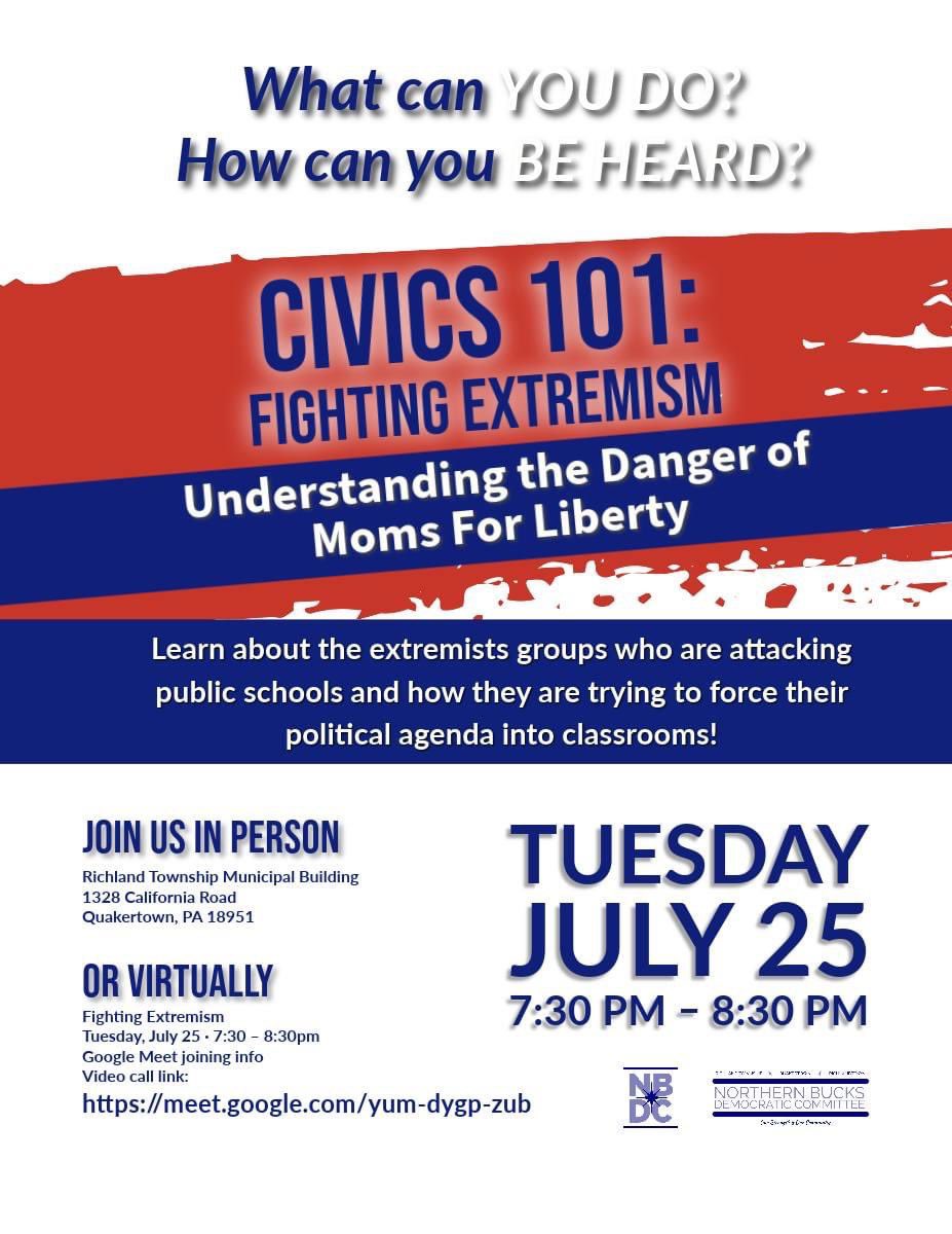 Come and learn how groups like Moms for Liberty are trying to destroy public education and force their political agenda into classrooms!
#EndExtremism #PublicSchools #FreedomForAll #StudentsOverPolitics