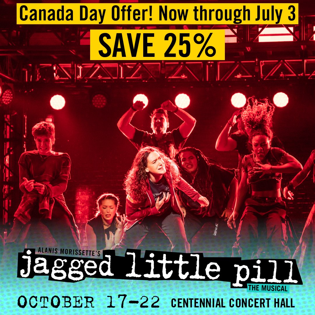 💥 CANADA DAY OFFER LAST CHANCE 🇨🇦
Don’t miss <a href="/Alanis/">Alanis Morissette</a>’s <a href="/jaggedmusical/">Jagged Little Pill</a> when it comes to Regina, Saskatoon, and Winnipeg this October 🎶💿 Save 25% on tickets now UNTIL 10PM 🤩 Don’t delay, quantities are limited! Tickets at bit.ly/3N8oUv1
*Fees and conditions apply
