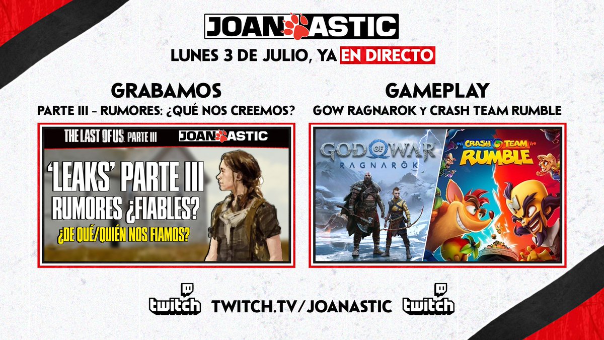 Joanastic's tweet photo. Abrimos DIRECTO en https://t.co/2eB6efWV4E.
Toca ACTUALIDAD con 2 RUMORES de #TLOUParteIII.
Con CAUTELA. Con PINZAS. Pero nos metemos a ELLO!
¿Qué nos podemos CREER? ¿Tiene CREDIBILIDAD?
¿Qué DICE la FUENTE? ¿Por qué (o no) FIARNOS?
¡Vengan! Intentamos poner LUZ a la OSCURIDAD. https://t.co/SB8ZqmEOvW