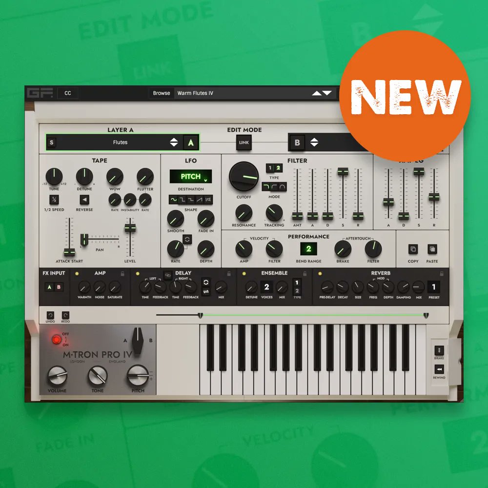 pluginfox's tweet image. NEW from GForce - M-Tron Pro IV 🎹
Their classic Mellotron M400 emulation, now with new additional features.
Save 50% thru July 31st
Check it out here: pluginfox.com/collections/gf…

#gforce #gforcesoftware #mtron #pluginfox #virtualinstruments #dtm #plugindeals #pluginsales #plugins