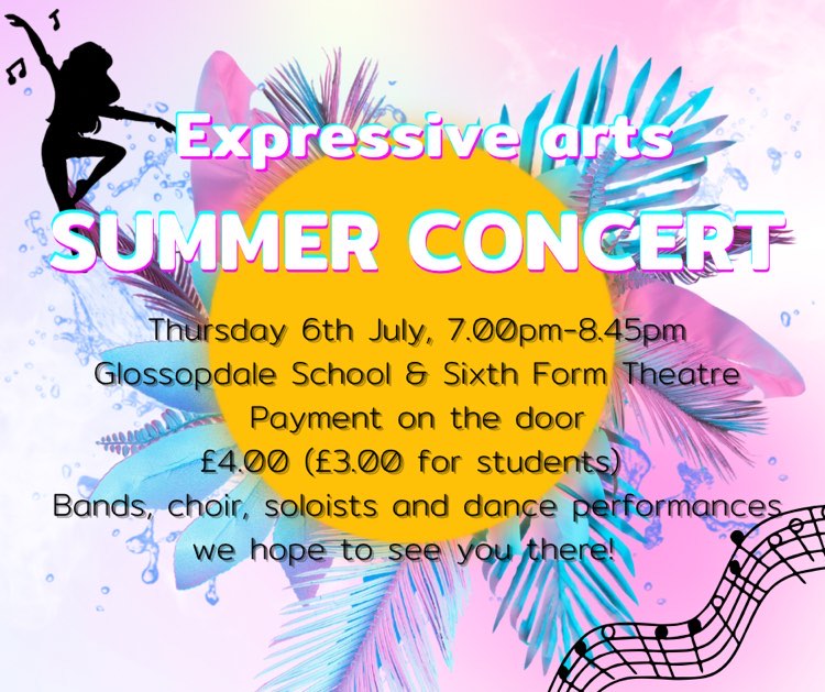 Please see below the poster for our event this Thursday, please like and share 😀
(Students who are performing need to be at school by 6.30pm please.)
#expressivearts
#glosopdaleschoolandsixthform
#summerconcert
