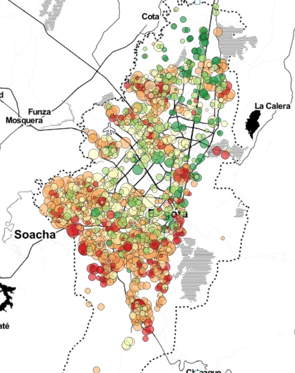 apelaez1's tweet photo. Acá el mapa de todos los colegios de Bogotá por tamaño de Colegio y puntaje en matemáticas (color). Icfes 2014-2022 https://t.co/fXYWLcN3iy