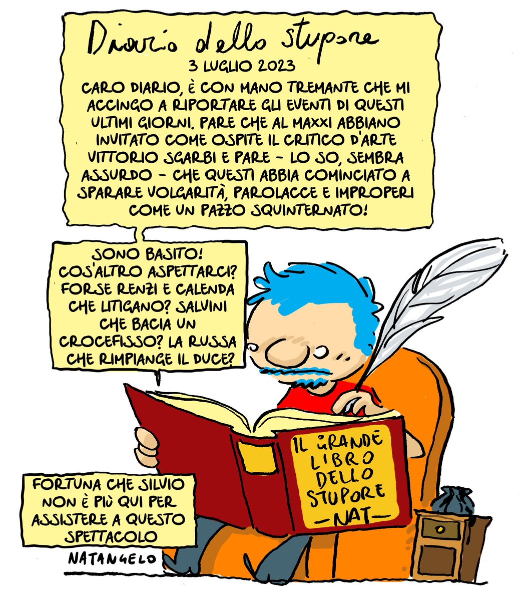 NatangeloM's tweet photo. Raga, questa è fantascienza davvero basta che Italia stiamo consegnando ai figli di Berlusconi?

#sgarbi #stupore #giuli #maxxi #vignetta #fumetto #memeitaliani #umorismo #satira #humor #natangelo https://t.co/MjenZsPLmA