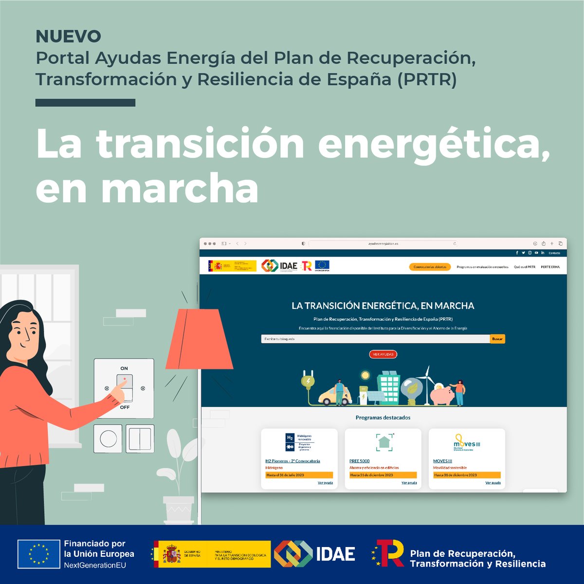 #IDAE lanza un nuevo portal con las líneas de ayuda en materia de energía del #PlanDeRecuperación

Información práctica y accesible para impulsar:
✅El despliegue de energías renovables
✅ Las actuaciones en materia de eficiencia y ahorro energético

👉 bit.ly/42UMIZ7