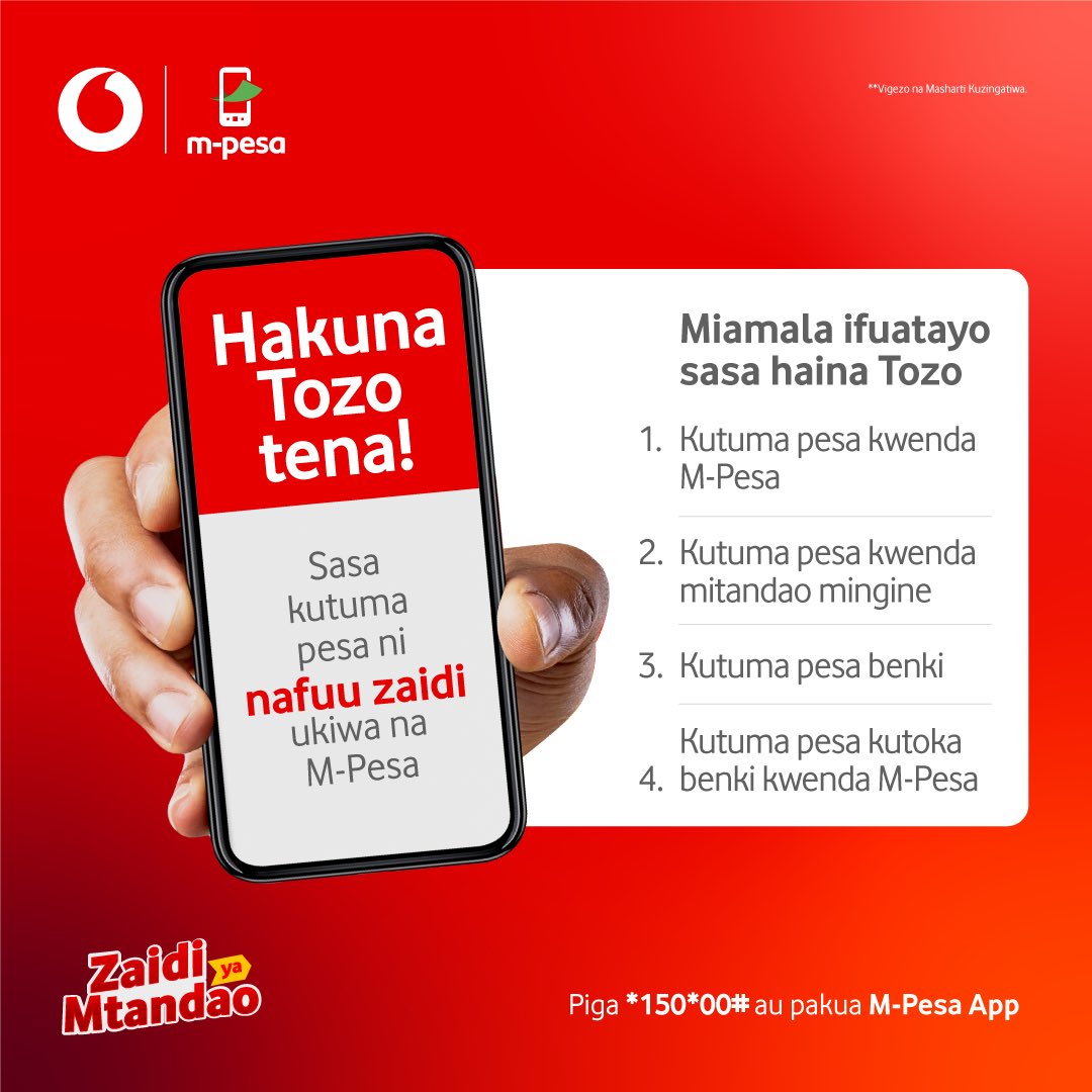 Je unafahamu ya kuwa Serikali imeondoa Tozo kwenye miamala ya simu? Sasa unaweza kutuma pesa kwenda M-Pesa, mitandao mingine au benki BILA TOZO! Ndio hakuna Tozo tena!
Ukiwa na M-Pesa, Jiachie na miamala mingi zaidi kidigitali bila kuwaza Tozo.

Tumia M-Pesa App au Piga *15O*00#