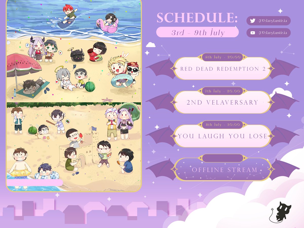 VelaryLusticia's tweet photo. Velary's 3rd -9th JulySchedule💜
  
 2 minggu berturut turut ada sched!! i'm on fire B)

✨Tags:  
#VelaryLusticia 
#VelAlbum (Art)  
#VelClips (Clip)  
#LUSTicia (NSFW)    

✨You can find my streams on: https://t.co/viul6wOuhB https://t.co/QKJkaFJjpl