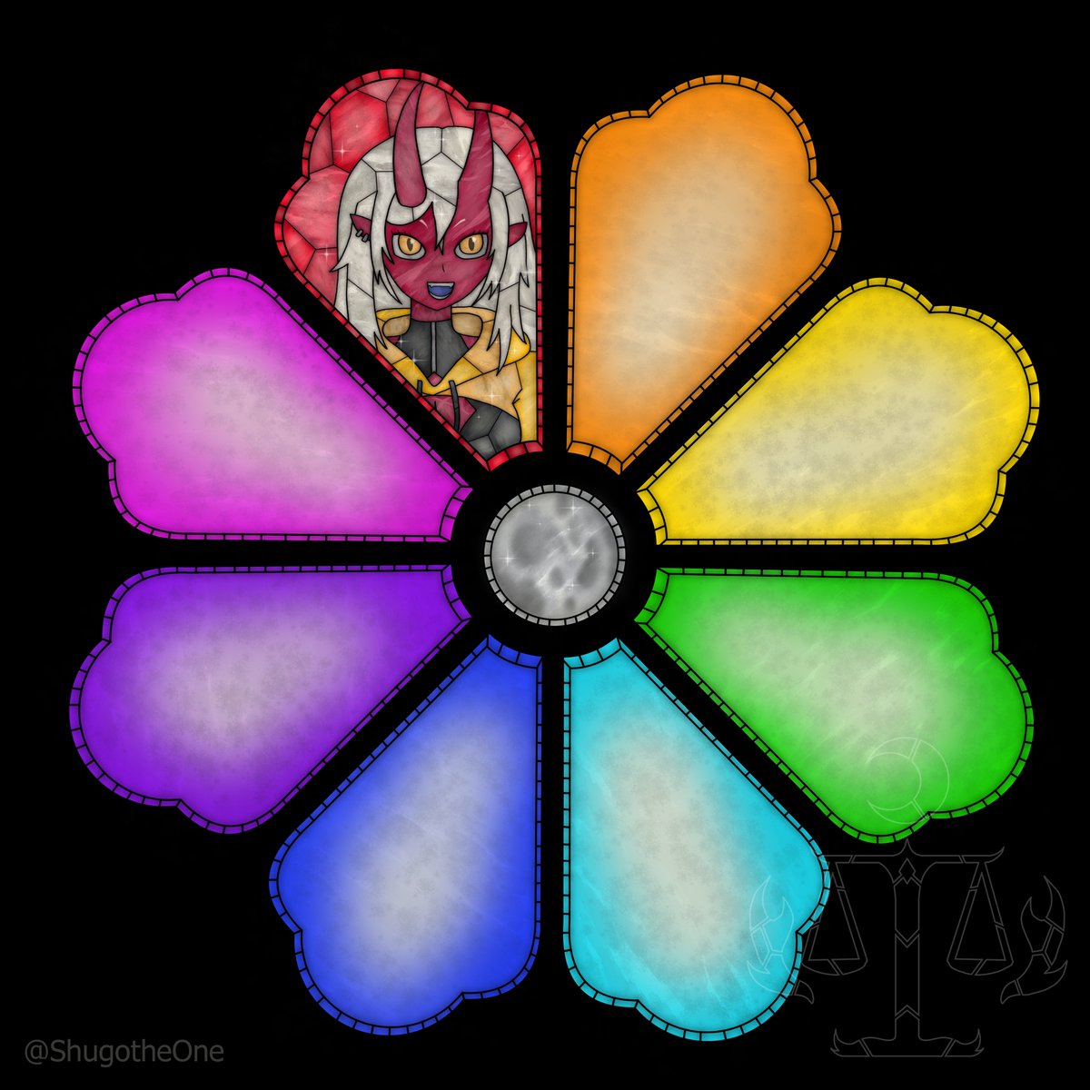 [Color Wheel challenge, stained glass edition]

To kick things off, red for Yocci!

#akumillust #colorwheelchallenge #StainedGlass