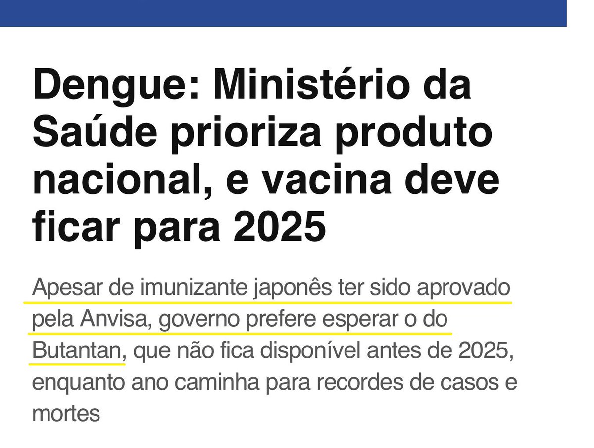 🦟O Japão tem uma vacina PRONTA para a dengue, mas o Governo Lula se recusa a comprar e prefere esperar o "produto nacional" (mesmo que isso custe VIDAS).

Já pode chamar de genocida? De negacionista? E cadê o pessoal que defendia a "ciência"?