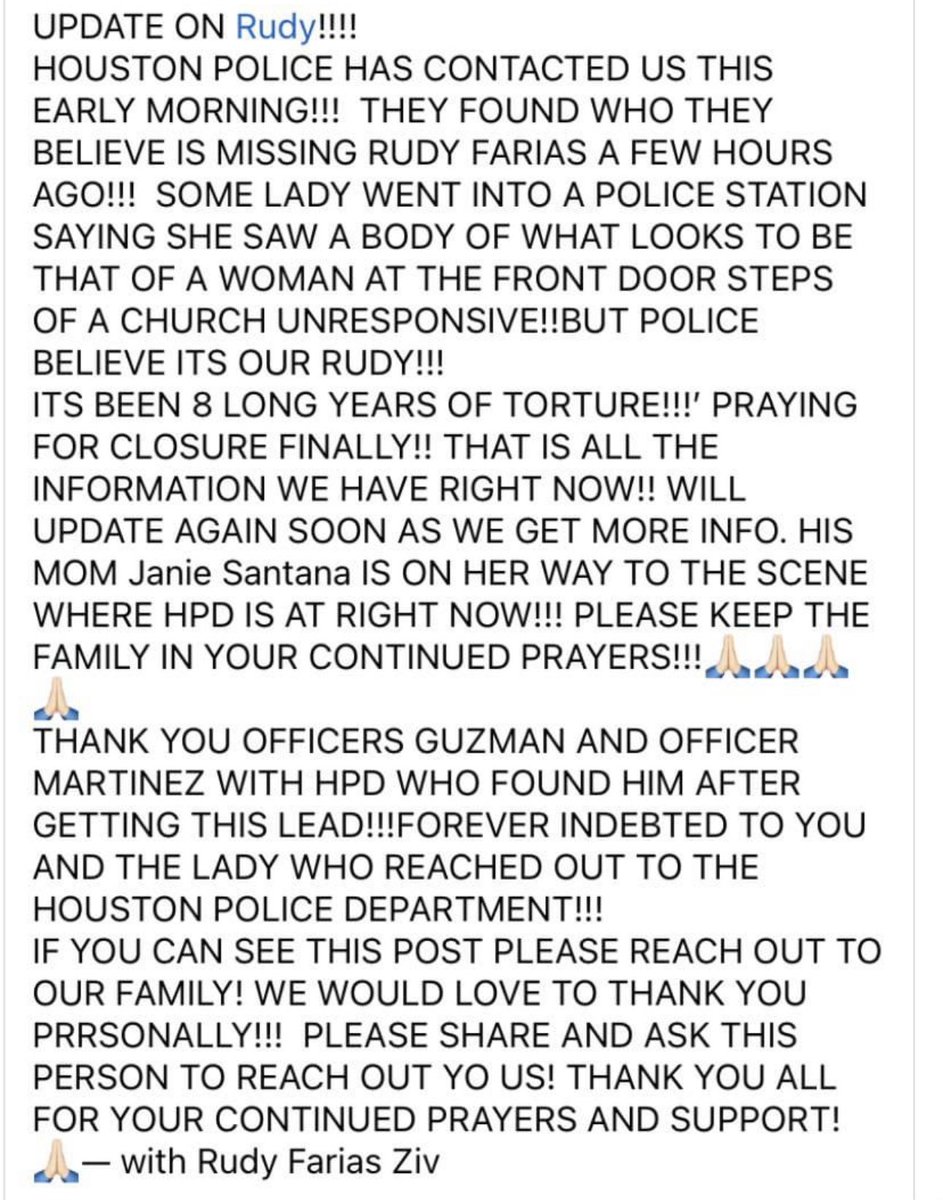 901Lulu's tweet image. This is definitely a miracle. Rudolph ‘Rudy’ Farias has been found after he was missing for 8 years. He left his home in Houston, Texas (at age 17) to take the dogs for a walk in 2015 and never returned. Apparently some good Samaritans found him outside of a church the other day.…