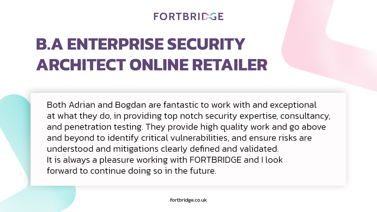 FORTBRIDGE's tweet photo. We are delighted that we have exceeded your expectations in providing top-notch security expertise, consultancy, and penetration testing. ๐ป
.
#fortbridge #fortbridge_UK #penetrationtesting #technologyuk #securityUK #mobilesecurity #UKautomation #malware #cloudsecurity https://t.co/vvsWhlV6VW