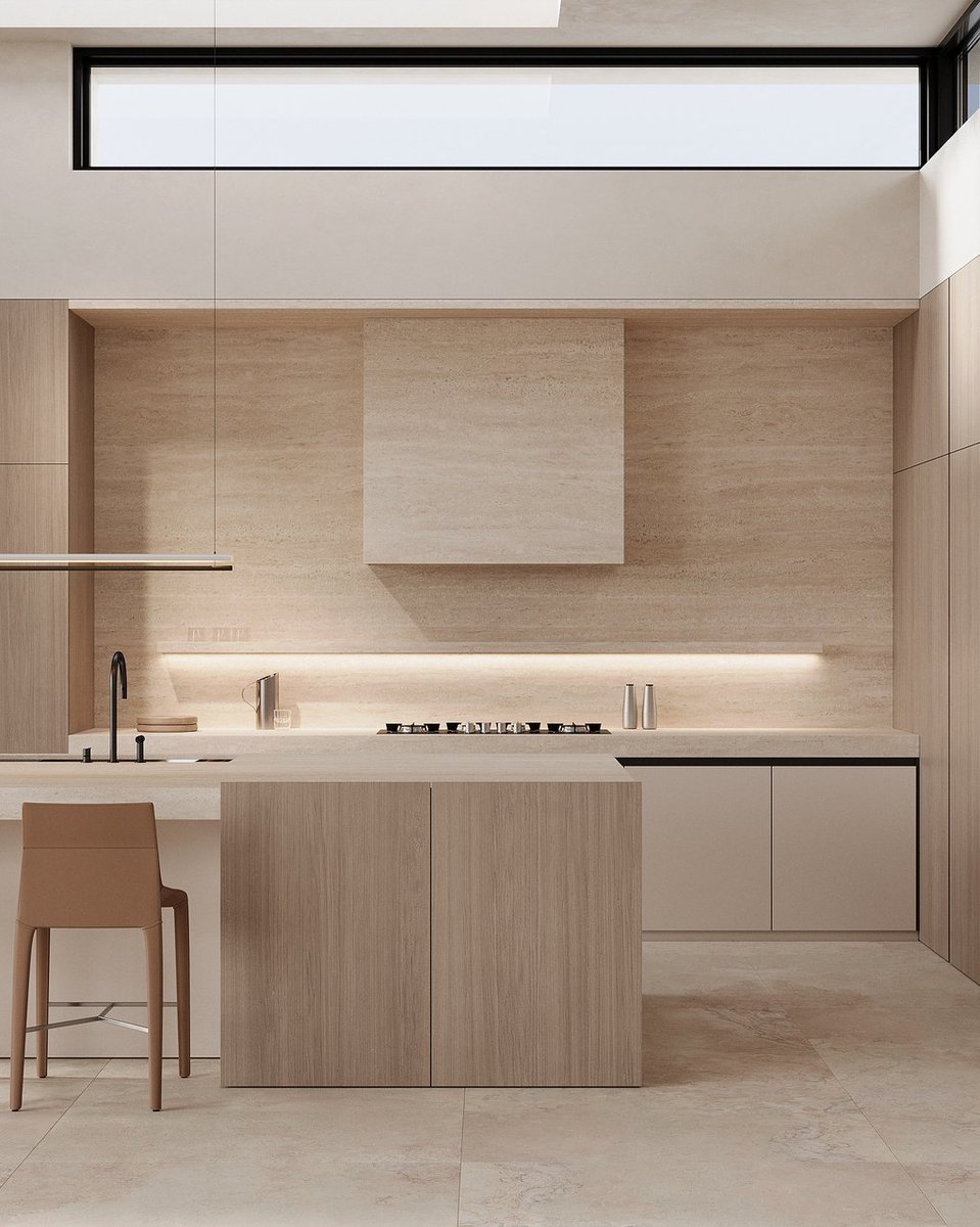 SenceArchitects's tweet photo. Transform your home with @SenceArchitects! For the kitchen, we chose veneered wooden facades and natural travertine stone to add sophistication and style. And for the accent - camel-colored bar stools. #homedesign #kitchendesign #interiordesign #architecture https://t.co/GuXPD1MfQK