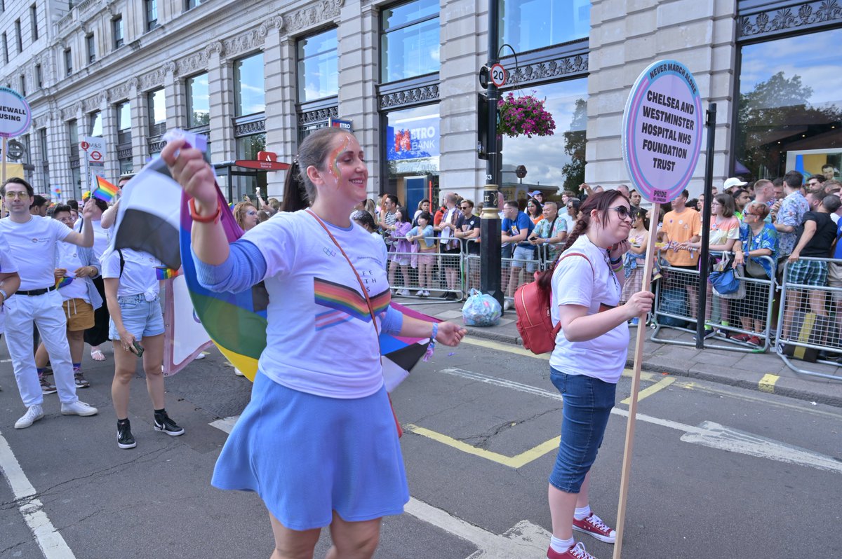 ChelwestFT's tweet photo. This year, we echoed @PrideInLondon  theme, ‘Never March Alone’, with our own #SafeWithUs messaging, championing trans allyship. @WestMidHospital https://t.co/EM6JjtCFa7