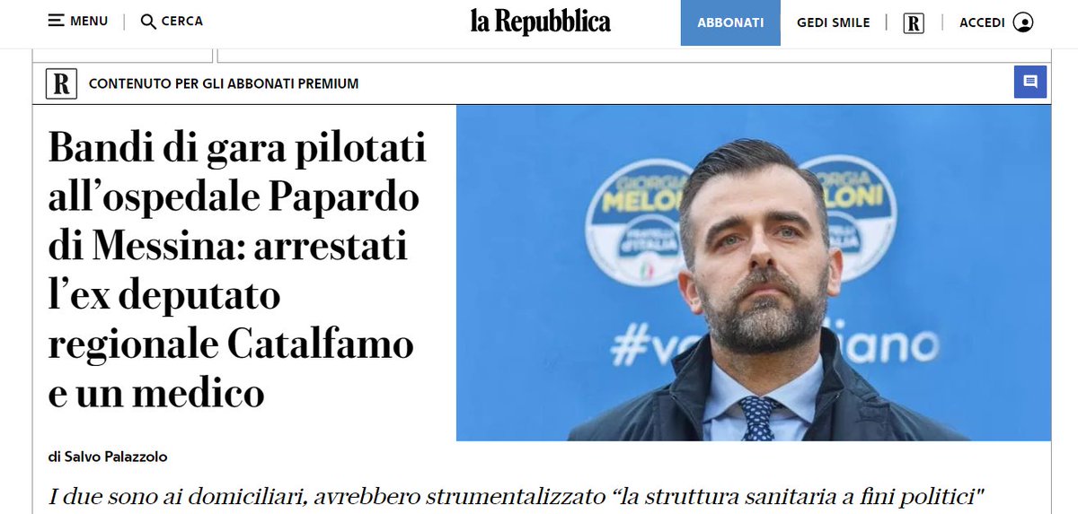 Bandi di gara pilotati all'ospedale Papardo di Messina:arrestato ex deputato regionale Catalfamo e un medico.
Indovinate di che partito è sto ex deputato?
Un PATRIOTA,ovviamente
#3luglio