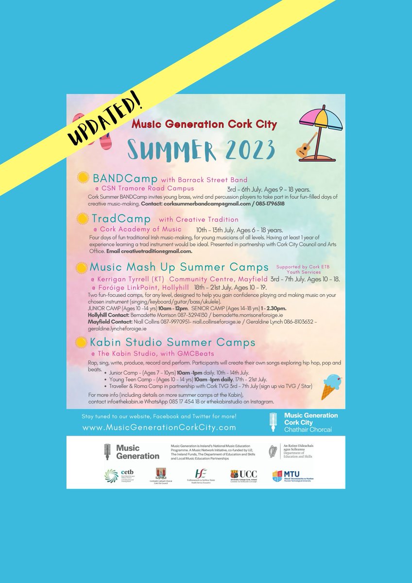 Final details now announced - here is the updated poster! Limited places still available on upcoming music summer camps! Register now - details on poster and here: musicgenerationcorkcity.com/summer2023/ #summer2023 #summermusic