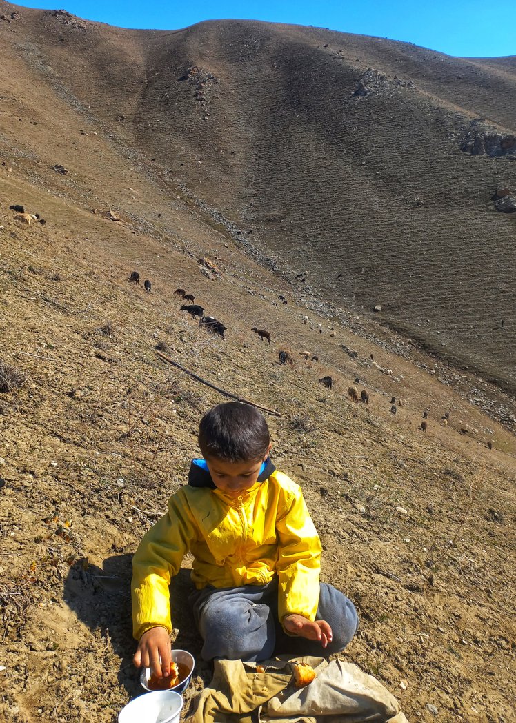 It was early spring! Along with my son we climbed up to tender the livestock of our village. We were on duty. Every week different families are doing the same thing. It’s the big village (group) work! On our duties we always whiteness interesting things. That’s fun 🤩