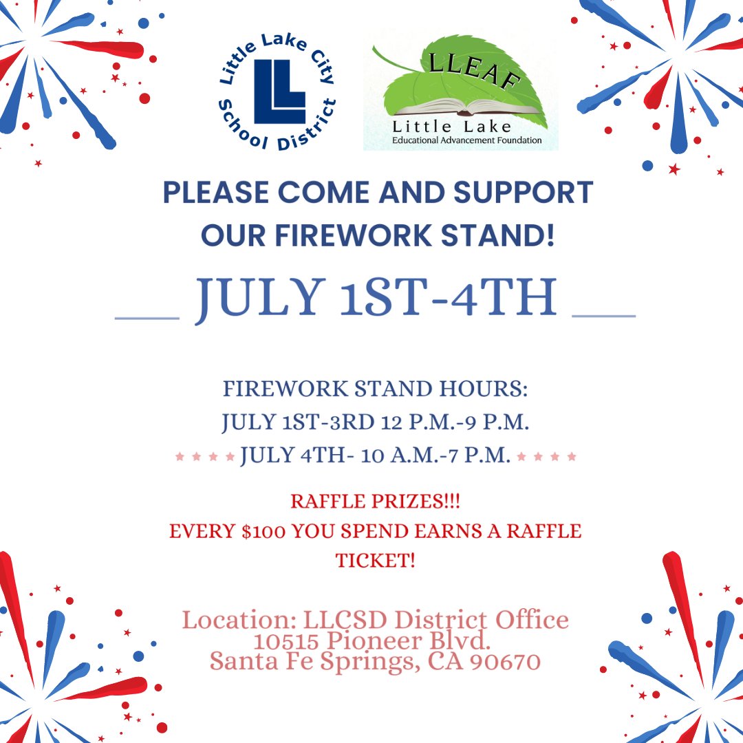 Lakeview_ESLLCS's tweet photo. Support Little Lake CSD students at the LLEAF Foundation Firework Sale! 

📅 Final Day: July 4th
📍 Location: Little Lake CSD District office, Santa Fe Springs

#LakeviewES #FireworkSale #LLEAFFoundation #SantaFeSprings #NorwalkCA #CityofWhittier #CityofDowney https://t.co/MEddJYugpo