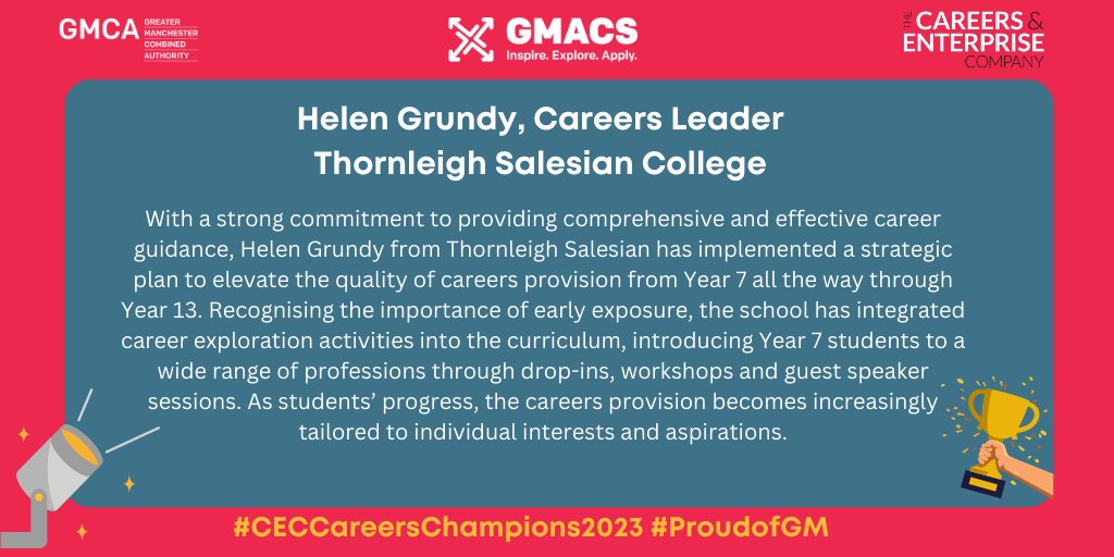 Another #CareersChampion for today is Helen Grundy from @thornleigh. Her nomination is for her strong commitment to providing comprehensive and effective career guidance – congratulations! #CECCareersChampions2023 #ProudofGM
