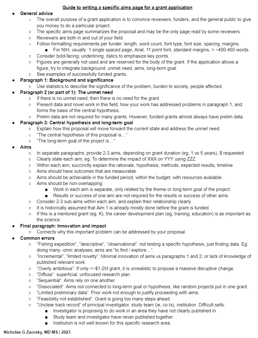 Guide to writing a specific aims page for a grant application