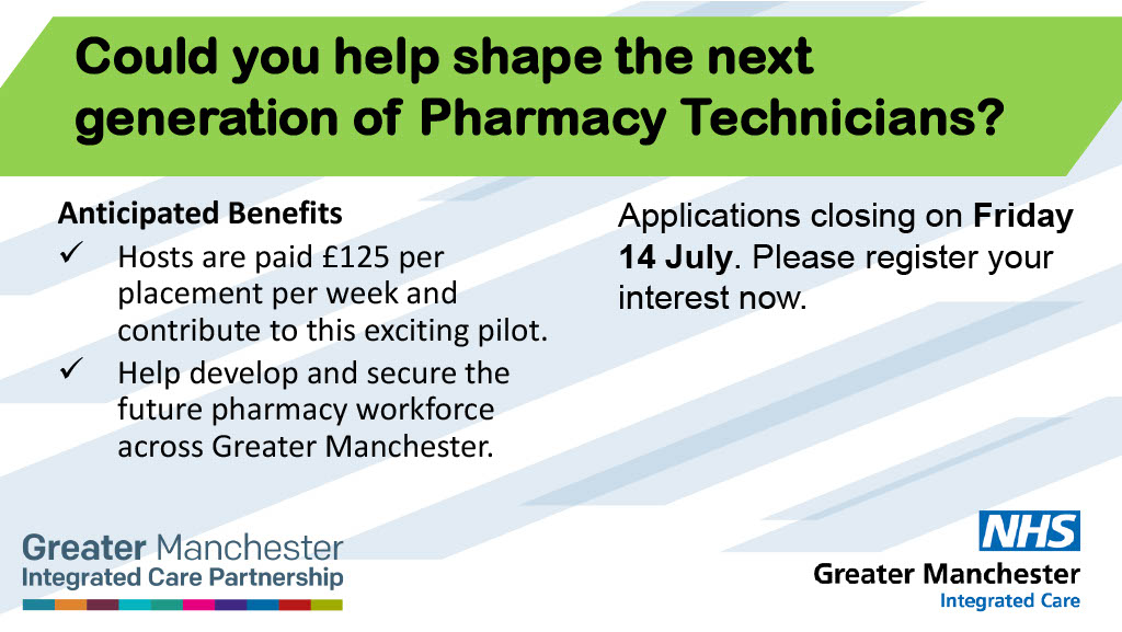 Greater Manchester Training Hub (@gmtrainhub) on Twitter photo Could you help shape the next generation of #PharmacyTechnicians?
We are looking for hosts who want to provide two-week placements to Pre-Registration #PharmacyTechnicians. 
 
Register your interest before 14 July.
bit.ly/gm-pharmacy-te…
<a href="/PrimaryCareGM/">Greater Manchester Primary Care Careers</a> <a href="/GM_PCB/">Greater Manchester Primary Care Provider Board</a> <a href="/GM_Feds/">GMFeds</a> Could you help shape the next generation of #PharmacyTechnicians?
We are looking for hosts who want to provide two-week placements to Pre-Registration #PharmacyTechnicians. 
 
Register your interest before 14 July.
bit.ly/gm-pharmacy-te…
<a href="/PrimaryCareGM/">Greater Manchester Primary Care Careers</a> <a href="/GM_PCB/">Greater Manchester Primary Care Provider Board</a> <a href="/GM_Feds/">GMFeds</a>