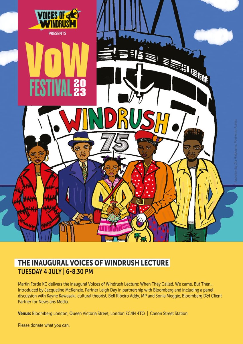 The Inaugural Voices of Windrush Lecture takes place at Bloomberg London on Tuesday 4th July, given by Martin Forde KC.  His lecture : “ When they called, we came, but then…”

To reserve a space go to events at voicesofwindrush.com and use the relevant eventbright page.