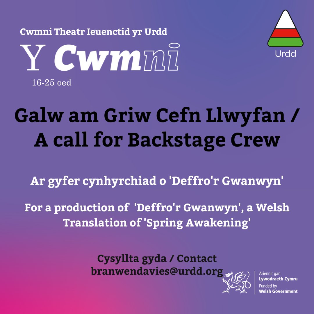 Rhwng 16 a 25?

Oes gen ti ddiddordeb mewn sain, goleuo, rheoli llwyfan?💡
Bydd yn rhan o griw cefn llwyfan Deffro’r Gwanwyn!

Byddi di angen bod yn rhydd 21/08-03/09

Between 16-25?
Interested in sound, lighting, stage management?💡
Get in touch!

📧branwendavies@urdd.org