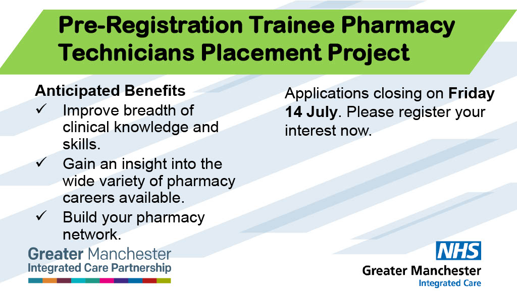 Greater Manchester Training Hub (@gmtrainhub) on Twitter photo <a href="/GM_ICP/">GM Integrated Care Partnership</a> is piloting a project for Pre-Registration Trainee #PharmacyTechnicians who would like to expand their professional experience by undertaking a placement in a different pharmacy sector.
Register your interest before 14 July
bit.ly/gm-pharmacy-te…
<a href="/PrimaryCareGM/">Greater Manchester Primary Care Careers</a> <a href="/GM_PCB/">Greater Manchester Primary Care Provider Board</a> <a href="/GM_ICP/">GM Integrated Care Partnership</a> is piloting a project for Pre-Registration Trainee #PharmacyTechnicians who would like to expand their professional experience by undertaking a placement in a different pharmacy sector.
Register your interest before 14 July
bit.ly/gm-pharmacy-te…
<a href="/PrimaryCareGM/">Greater Manchester Primary Care Careers</a> <a href="/GM_PCB/">Greater Manchester Primary Care Provider Board</a>