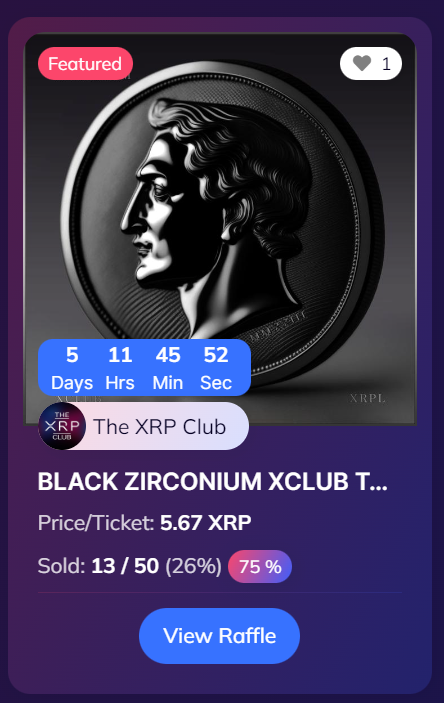 Five days to go! 

Chance to win a Black Zirconium Founders Edition XCLUB Token NFT for less than 6 XRP!

secretraffles.xyz/raffle/80