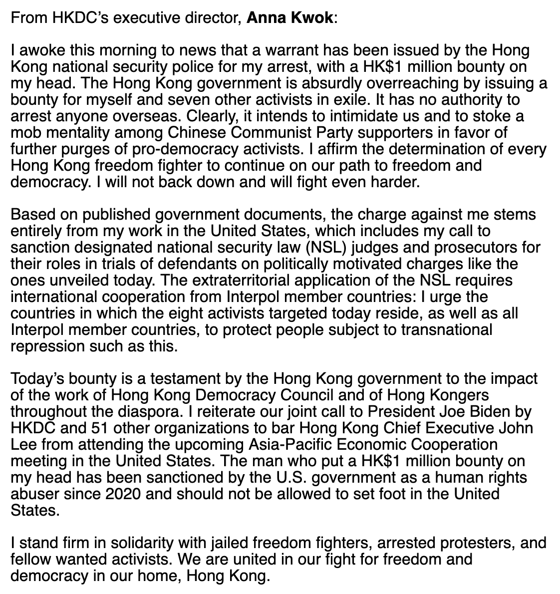 hkdc_us's tweet photo. HKDC Executive Director @AnnaKwokFY statement on the #HongKong national security police issuing arrest warrants for her &amp; 7 other exiled HKers &amp; placing HK$1 million bounty on their heads. She says this is yet another reason why the US should #BarJohnLee. https://t.co/2tkrjxGdX8 https://t.co/SIUNuP3UJF