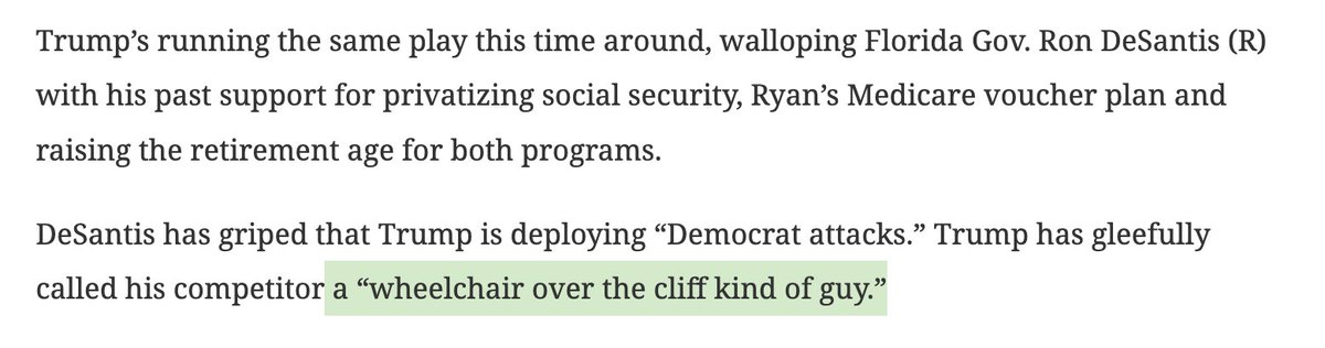 Say what you will about Trump, his rhetorical instincts are still often sharp; I instantly pictured DeSantis pushing an old person in a wheelchair over a cliff with gusto 
talkingpointsmemo.com/news/republica…