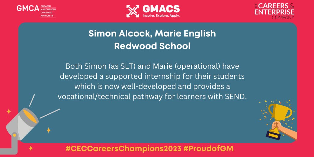 Another double nomination – this time for Simon Alcock and Marie English from @RochdaleRedwood, who have been nominated for developing a supported internship for their students. Congratulations to both of them for being a #CareersChampion! #CECCareersChampions2023 #ProudofGM