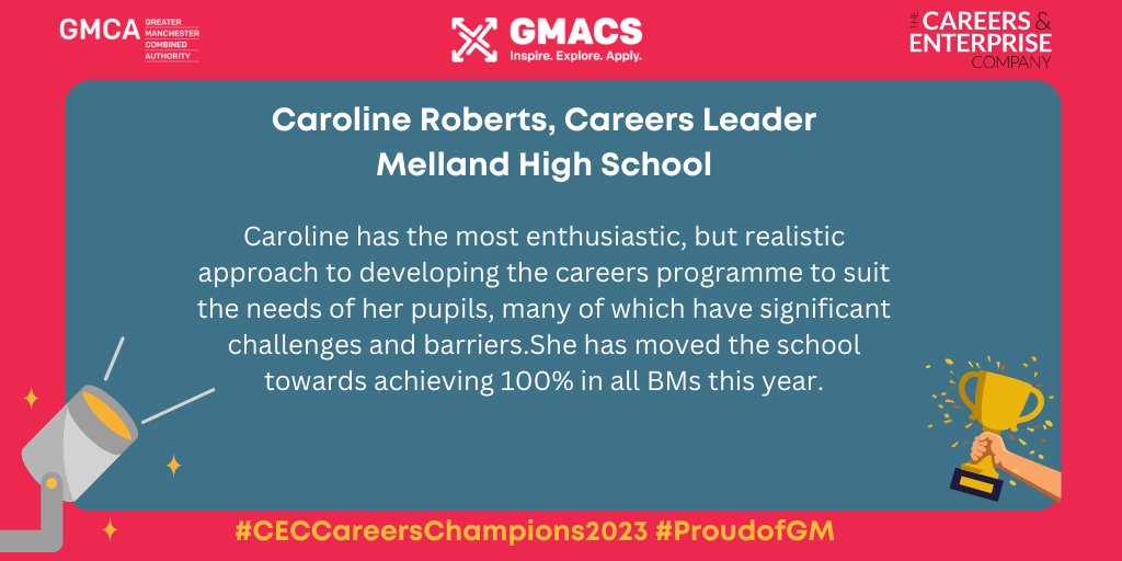 Our next #CareersChampion is Caroline Roberts, the Careers Leader at @MellandHigh. Her nomination is for having an extremely enthusiastic but realistic approach to developing the careers programme at her school. #CECCareersChampions2023 #ProudofGM