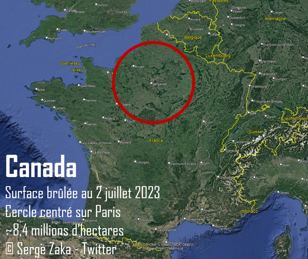 [Thread] Près de 8,4 millions d'hectares ont brûlé au #Canada dont 3,2 millions pour le seul Québec ! Bon, pour schématiser, c'est comme si tout avait cramé dans un cercle de rayon Paris-Le Mans. C'est énorme...
Une statistique est particulièrement marquante. A dérouler👇
[1/3]
