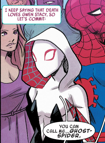 CaribbeanOTD's tweet photo. oh random but I finished the um Spider-Gwen Ghost Spider series yesterday and I can't believe the name change is actually bc "Death loves Gwen Stacy" like https://t.co/kESeGTUQKH