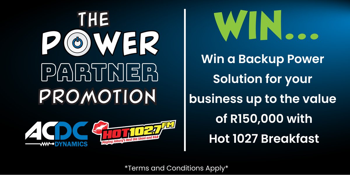 Hot1027FM's tweet photo. It’s time to get your entry in for the Power Partner Promotion! This is your chance to win a backup power solution for your business to the value of R150 000 courtesy of @acdcdynamics Visit hot1027.coza to enter Ts &amp; Cs apply #ACDCDynamics #EmpoweringSMEs #BackupSolutions https://t.co/Rd0ElGEDVD